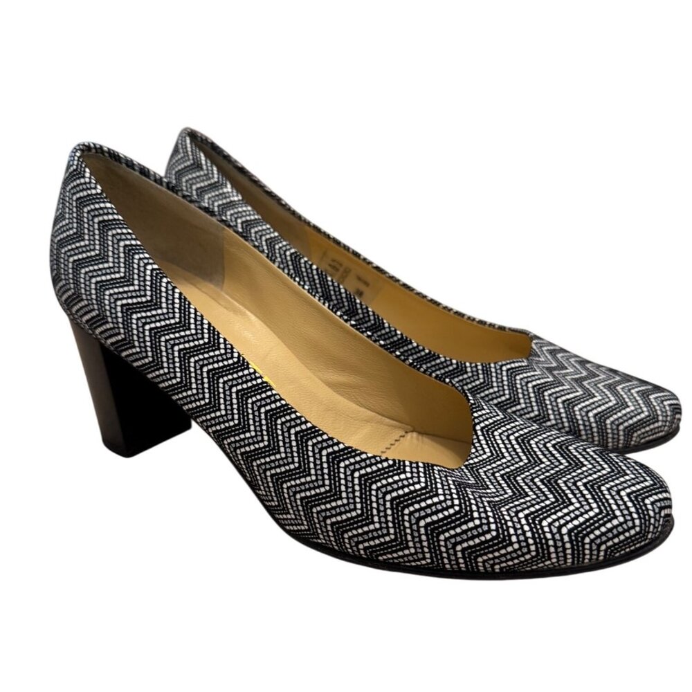 Brunate Womens Italian Made Black & White Chevron Heeled Pumps EU 38 US 7.5 Leat